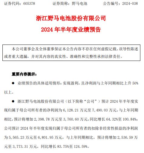 野马电池2024年上半年预计净利6128万-7490万公司积极推进精细化管理、全面降本增效(图1) 野马电池2024年上半年预计净利6128万-7490万公司积极推进精细化管理、全面降本增效(图1)